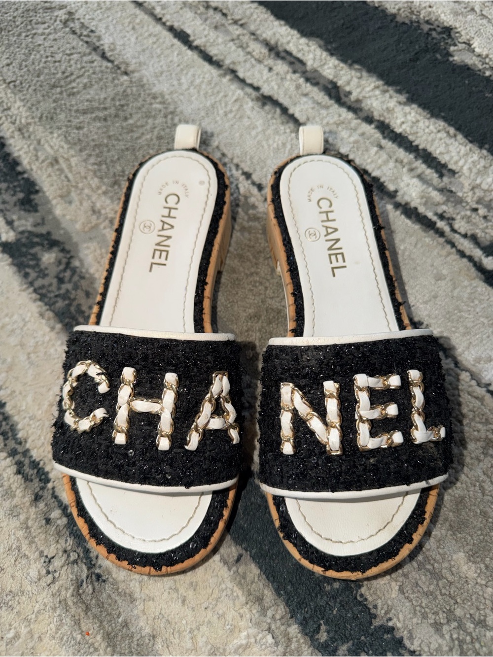 CHANEL Black Tweed Slide Mules with White-Gold Chain Logo